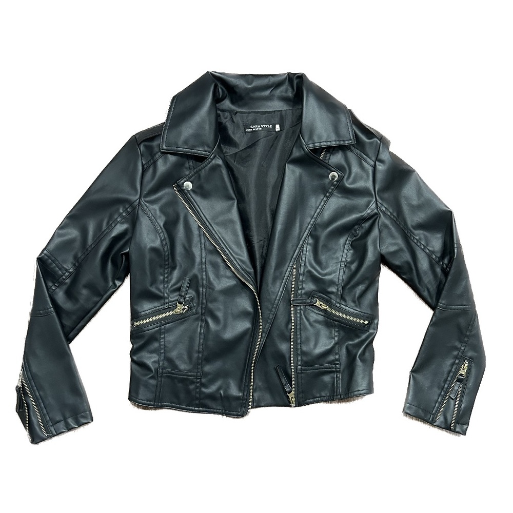 Zara Vegan Black Leather Moto Jacket Size L